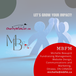 MBFM Fundraising Management, Website Design and Communications and Marketing - Ad on CharityWishList website - Logo of CharityWishList and MBFM and image of two paper people high-five.